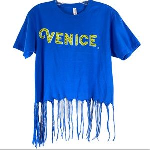 Blue “Venice” Cropped Fringe Short Sleeve Shirt